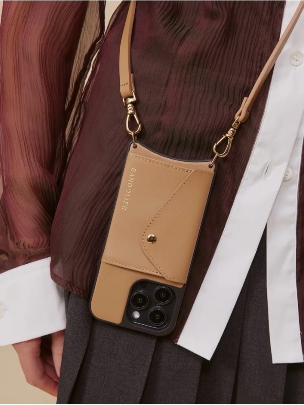 Bandolier Tan Crossbody IPhone 15 ProMax Leather case with snap 2 Card Pocket